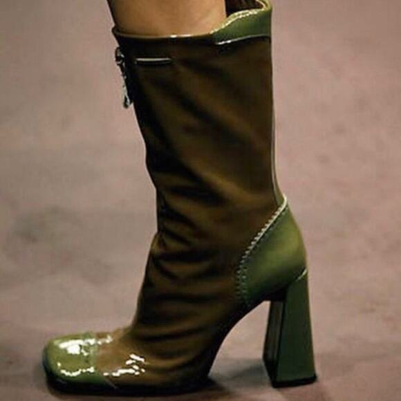 Prada Fall/Winter 1999 Green & Brown Leather Mid-Calf Block Heel Boots IT 37 - Picture 3 of 15